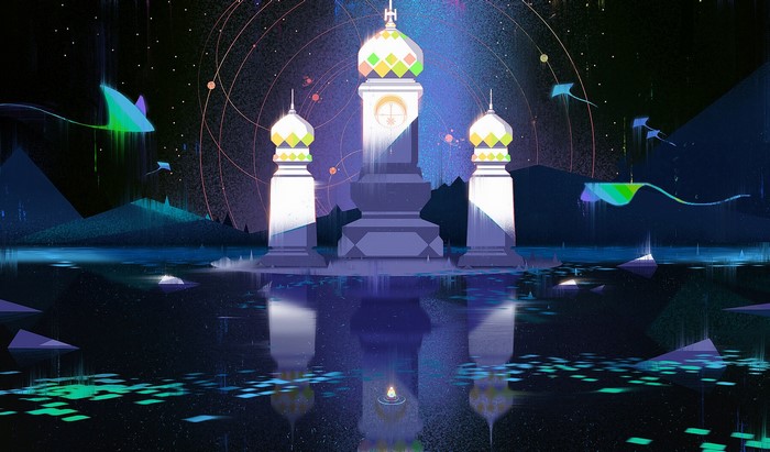 fantasy art, Indian Architecture, manta rays, digital art, reflection, Jun Dong Li, water