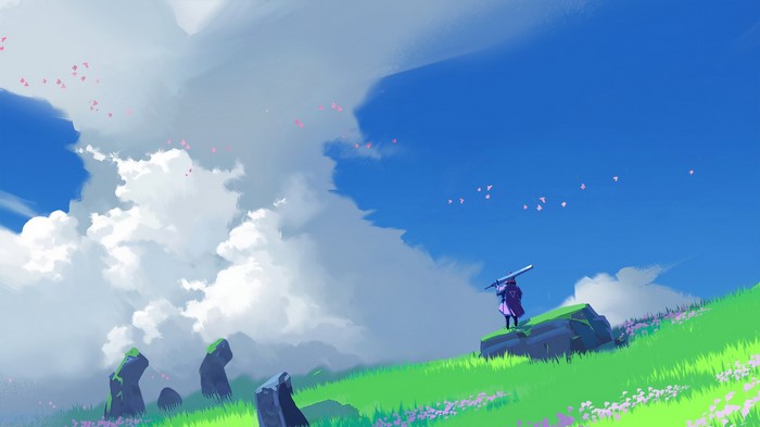 clouds, fantasy art, digital art, sword, birds, Jun Dong Li