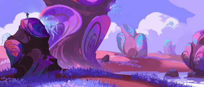 fantasy art, digital art, jellyfish, landscape, Jun Dong Li, clouds, pink