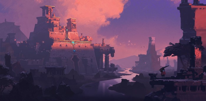 digital art, sword, Jun Dong Li, fantasy architecture, fantasy art, ruins