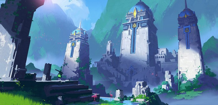 flamingos, Jun Dong Li, ruins, mountains, digital art, fantasy architecture, fantasy art