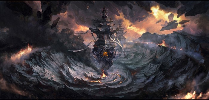 fantasy art, Asian architecture, digital art, Jun Dong Li