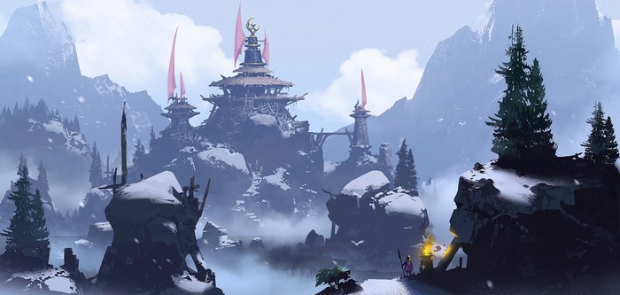 winter, snow, digital art, fantasy art, trees, clouds, Asian architecture, mountains, Jun Dong Li