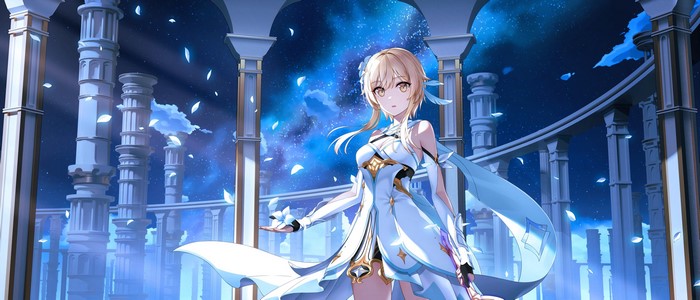 white dress, li_gras, starry night, Genshin Impact, blonde, anime girls, ruins, Lumine (Genshin Impact)