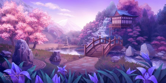 garden, cherry blossom, Smite, Asian architecture, pink, digital art