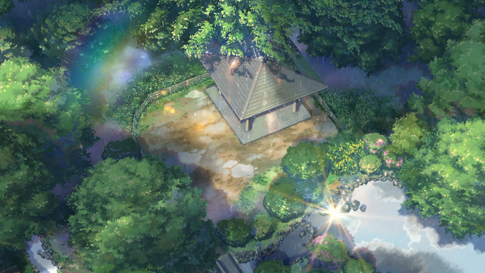 anime, rain, outdoors, animation, trees