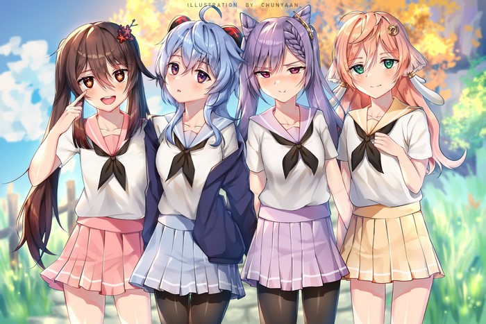 anime girls, Hu Tao (Genshin Impact), Chunyaan, artwork, pantyhose, school uniform, Ganyu (Genshin Impact), Keqing (Genshin Impact), Genshin Impact, Yanfei (Genshin Impact)