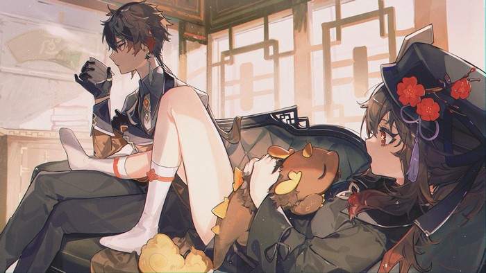striped socks, thighs, Genshin Impact, white socks, Hu Tao (Genshin Impact), anime girls, crew socks, socks, Zhongli (Genshin Impact)