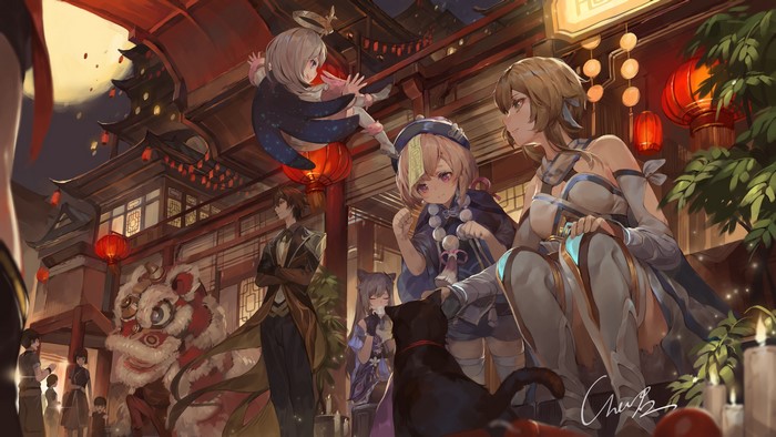 4K, Lumine (Genshin Impact), Paimon(Genshin Impact), Keqing (Genshin Impact), Zhongli (Genshin Impact), Genshin Impact, cats, Qiqi (Genshin Impact), anime girls