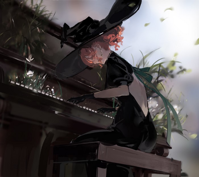anime, witch hat, piano, Songruan, anime girls