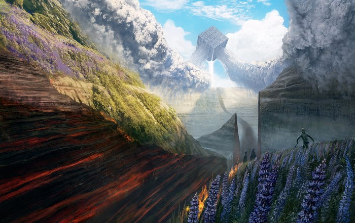 smoke, rock, mountains, plants, artwork, surreal, cube, flowers, landscape