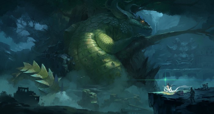 Yiming Nie, dragon, fantasy art, ruin, digital art, creature