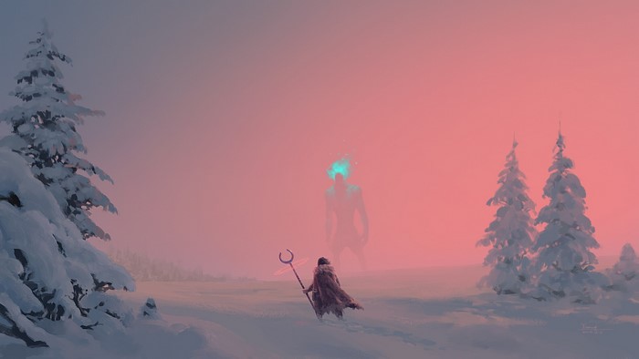 magician, giant, snow, digital art, fantasy art, Yiming Nie