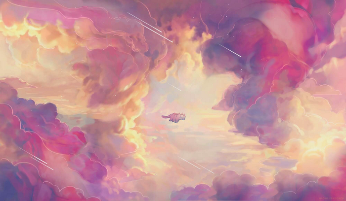 Fantasy Art of Flying Creature in Colorful Clouds