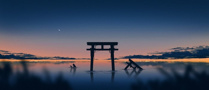 digital art, sky, torii, outdoors, Asian architecture, dark, ruins, Gavryl, water, Moon