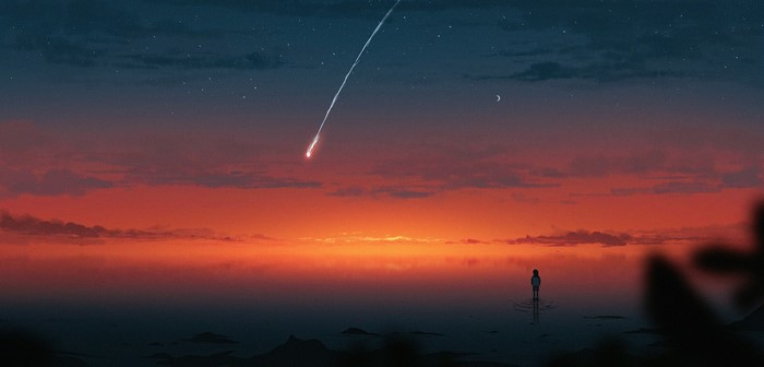 sunset, digital art, water, clouds, shooting stars, Gavryl