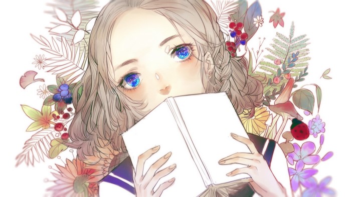 blonde, white background, earrings, anime girls, sailor uniform, mushroom, ladybugs, blue eyes, books, short hair, anime, flowers