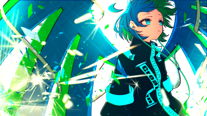green hair, earphones, aqua eyes, short hair, anime girls, jacket, light effects, looking away, blue hair, multicolored hair, anime