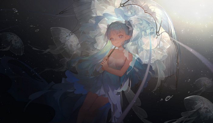 anime, anime girls, underwater, umbrella, dress, jellyfish, looking at viewer, long hair, sea, blue hair, elf ears