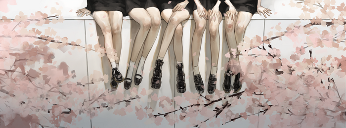 anime girls, short socks, socks, anime, white socks, sakura (tree), legs crossed, sitting, boots, hands on legs, shoes, feet crossed
