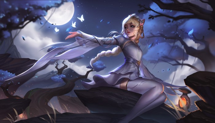 anime girls, hair accessories, white clothing, Moon, women, Unstable Anomaly, dress, petals, low-angle, butterfly, night, blonde, fantasy art, drawing