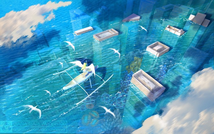 angel, artwork, fantasy art, wings, boat, sea, city, blue