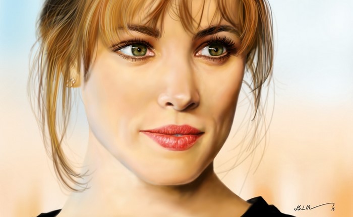 ArtStation, women, closeup, red lipstick, drawing, artwork, actress, lipstick, Rachel McAdams, digital painting, digital art, fan art, face, Jinsung Lim, Canadian Women, green eyes, realistic