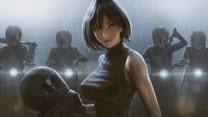 4K, black hair, original characters, bangs, artwork, turtlenecks, rain, necklace, yupachu, women, illustration, drawing, black clothing, motorcyclist