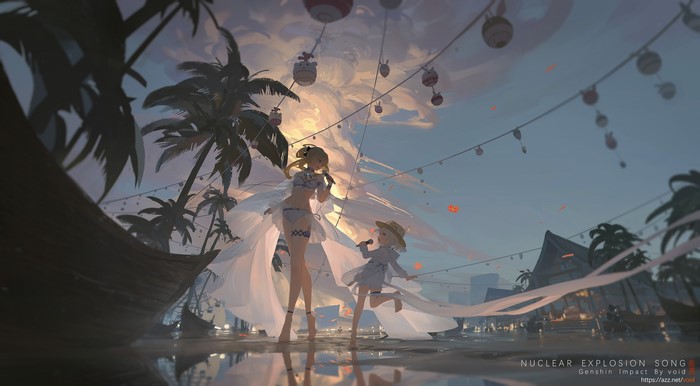 Genshin Impact Jean and Klee in Sunset Scene