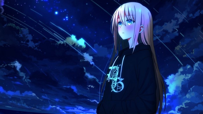Anime Girl Watching Shooting Stars in Night Sky