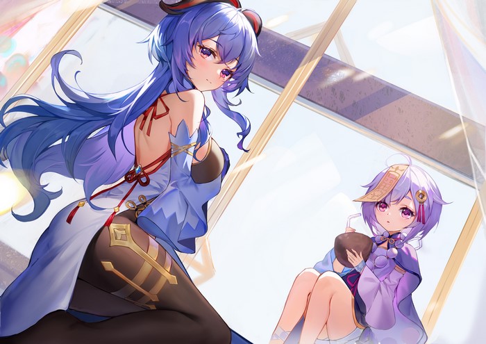 4K, anime girls, pantyhose, thighs, bare shoulders, Qiqi (Genshin Impact), bareback, Genshin Impact, sitting, Ganyu (Genshin Impact)