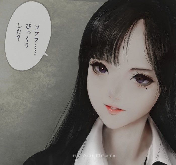 big eye contact lenses, lips, eyebrows, anime, looking at viewer, Korean, long hair, anime girls, Aoi Ogata, teeth, Korean women, eyes