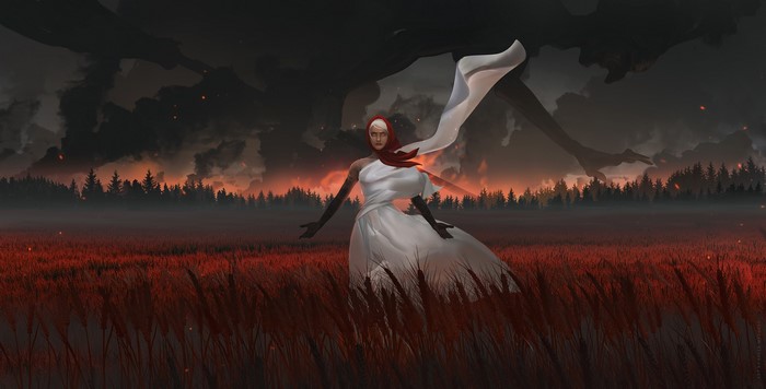 forest, landscape, Olga Orlova, fantasy art, wheat, red scarfs, white dress, digital art