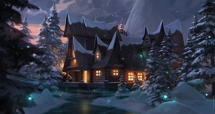 snow, forest, Olga Orlova, digital art, trees, cabin