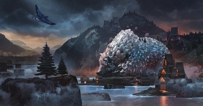 Olga Orlova, giant, fantasy art, trees, ice, birds, digital art, fantasy city