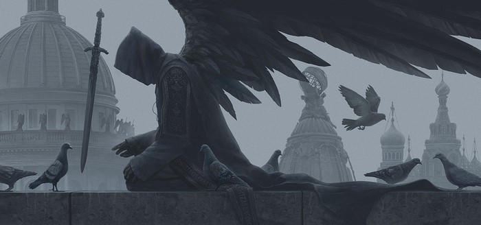 Western Architecture, dove, sword, digital art, fantasy art, Alexey Egorov, monochrome