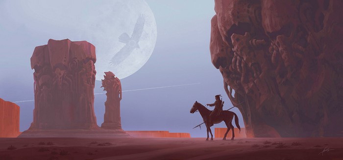 rock formation, horse, digital art, contrail, Alexey Egorov, Native Americans, Moon, fantasy art, birds