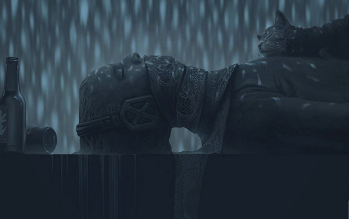 Alexey Egorov, digital art, rain, fantasy art, bottles, cats