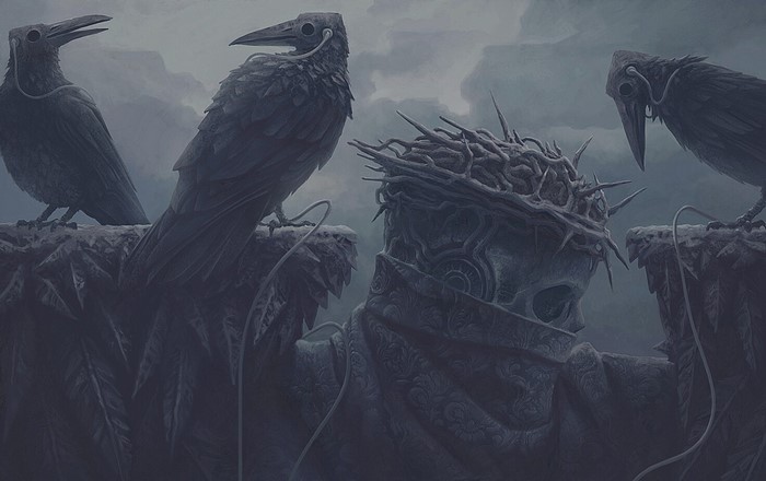 crown of thorns, fantasy art, digital art, crow, Alexey Egorov, music