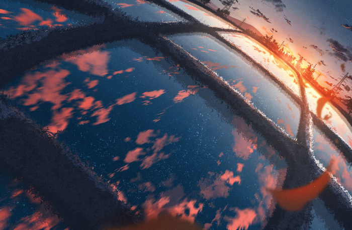 sunset, trees, stars, reflection, poles, petals, clouds, digital art