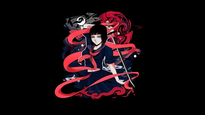 anime girls, japanese sword, schoolgirl, short skirt, red, PanosStamo, short hair