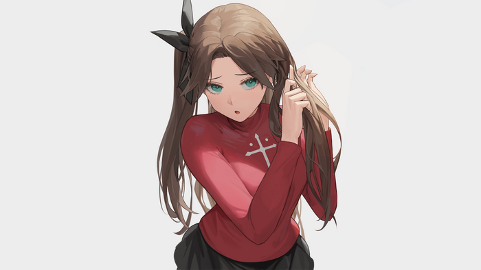 Cotta, Tohsaka Rin, twintails, looking at viewer, pleated skirt, open mouth, Fate/Stay Night, anime, anime girls, Fate Series, simple background