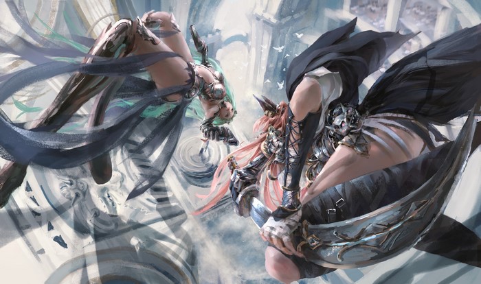 fantasy girl, battle, digital painting, cyborg, Risa lin, assassins