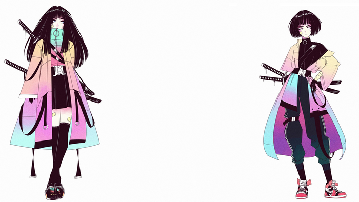 anime, Ninja, black hair, stockings, cyberpunk, trench coat