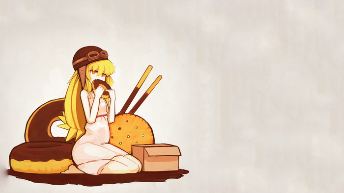 blonde, anime, Oshino Shinobu, kneeling, helmet, donut, Monogatari Series, anime girls
