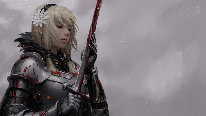 anime, blood, knight, sword, blonde, GUWEIZ