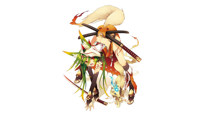 red eyes, tail, anime, green hair, katana, fox, fox girl