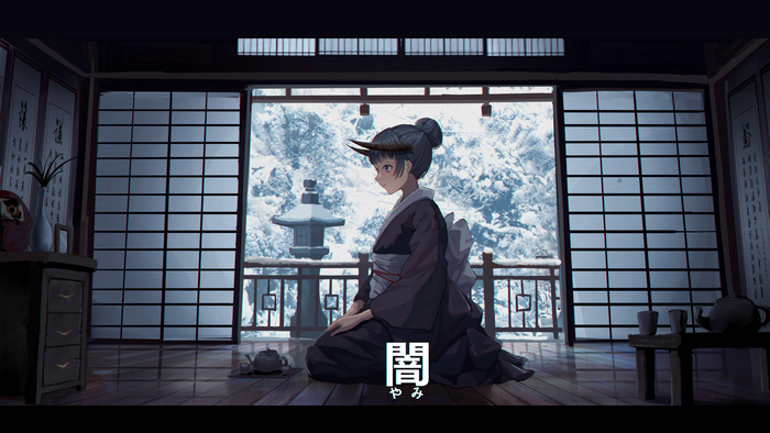 winter, anime, kneeling, horns, dark hair, demon girls, purple eyes, Japanese clothes, Qi==Qi, artwork