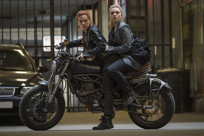Natasha Romanoff and Yelena Belova on a motorcycle