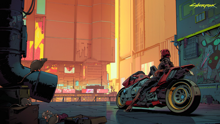 rats, cyberpunk, motorcycle, biker, cityscape, futuristic, anime